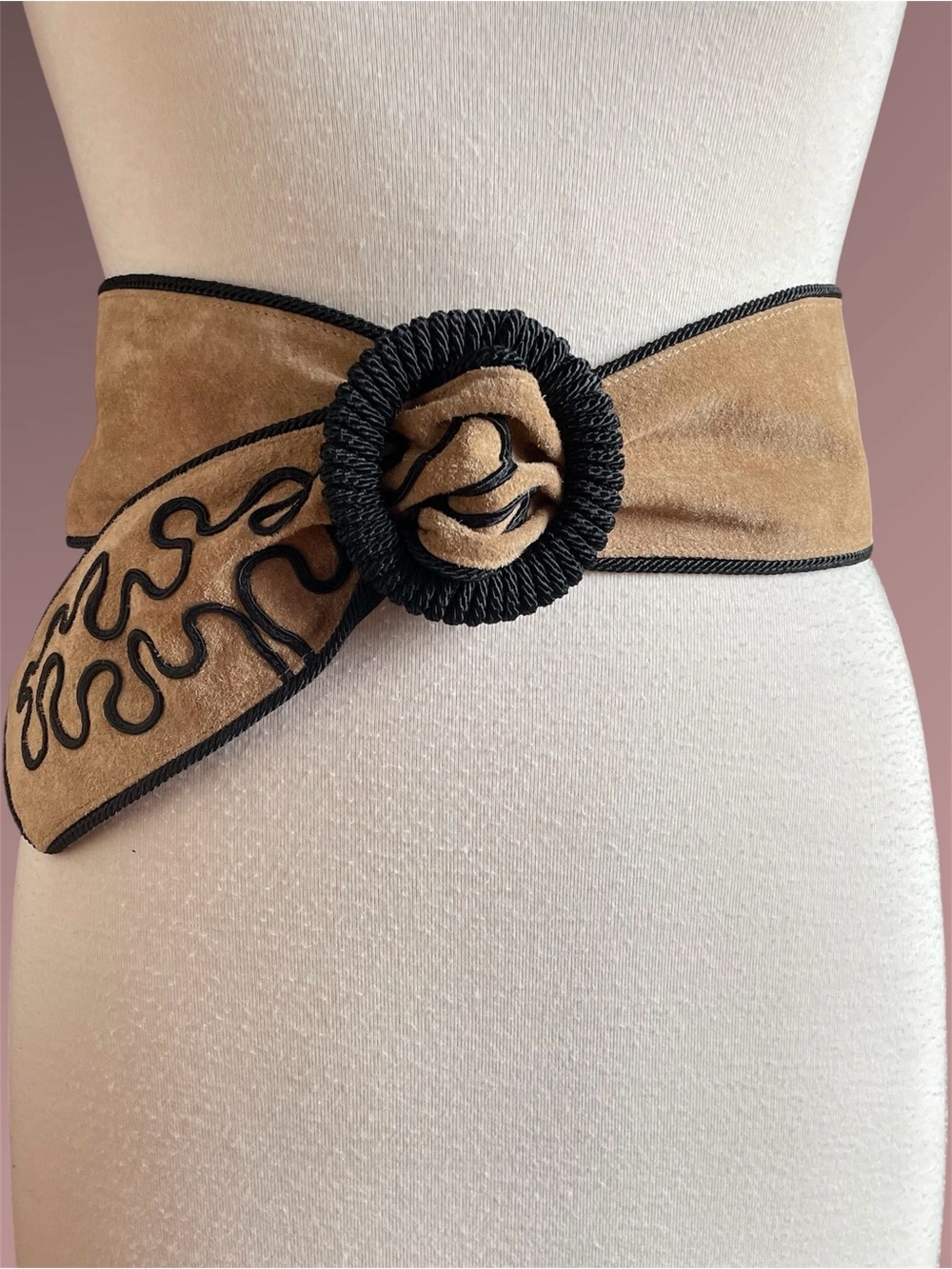 Vintage 80s Bagatelle Tan Suede & Black Rope Soutache Wide Statement Waist Belt